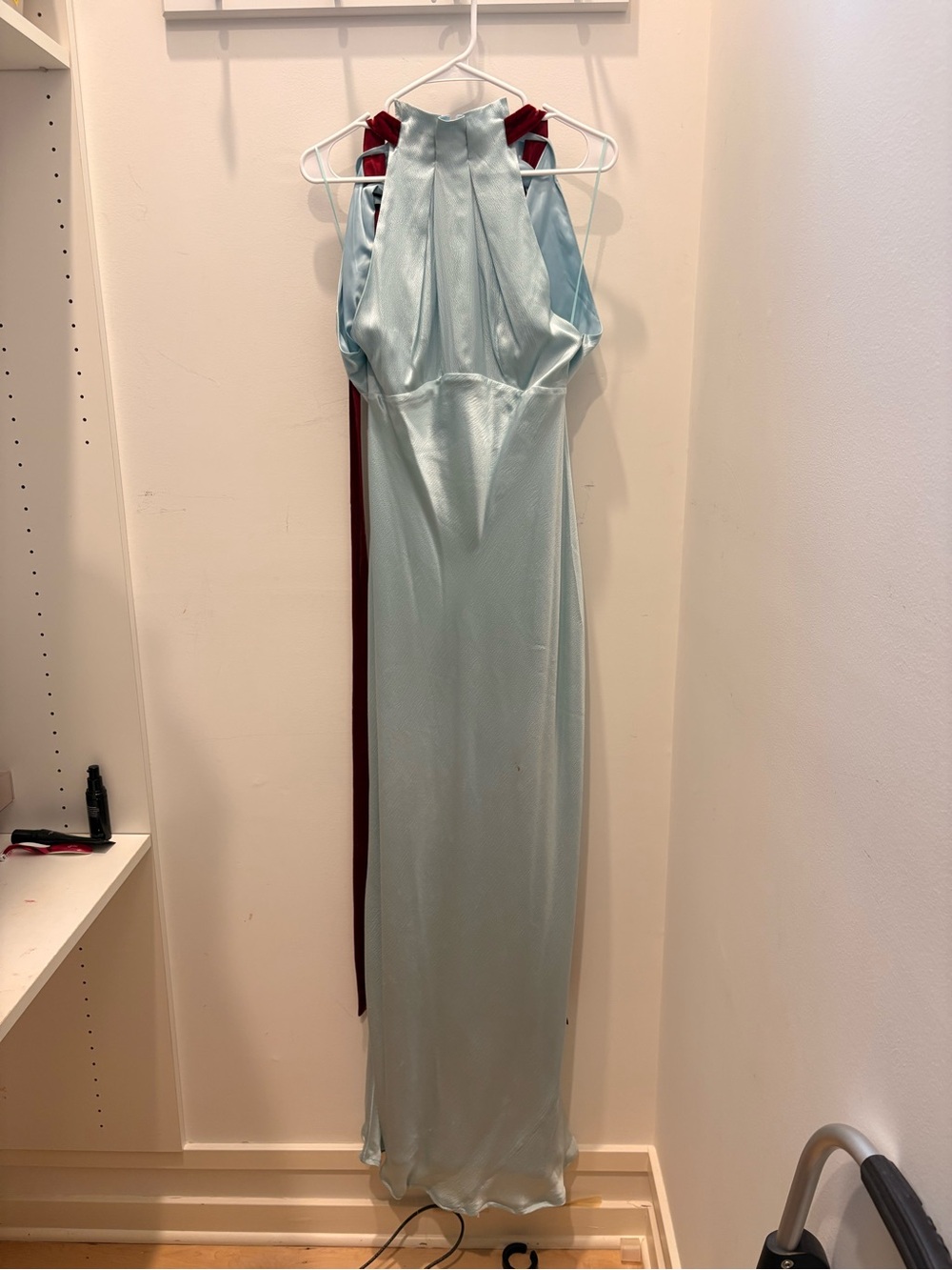 SALONI Pale Blue Michelle Dress with Velvet Burgundy Tie